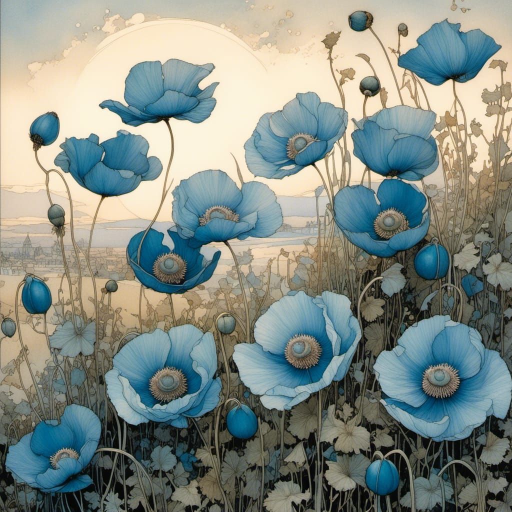 Blue Poppies in Pink Light: Intricate Digital Painting