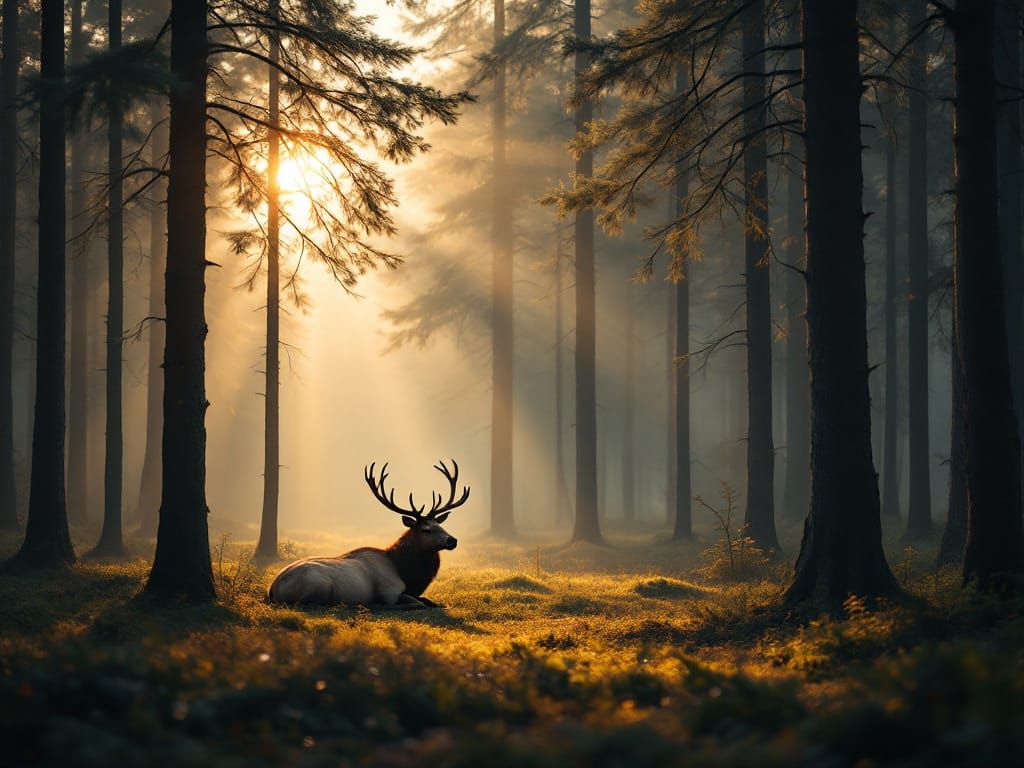 Majestic Elk Rests in Serene Forest at Dawn