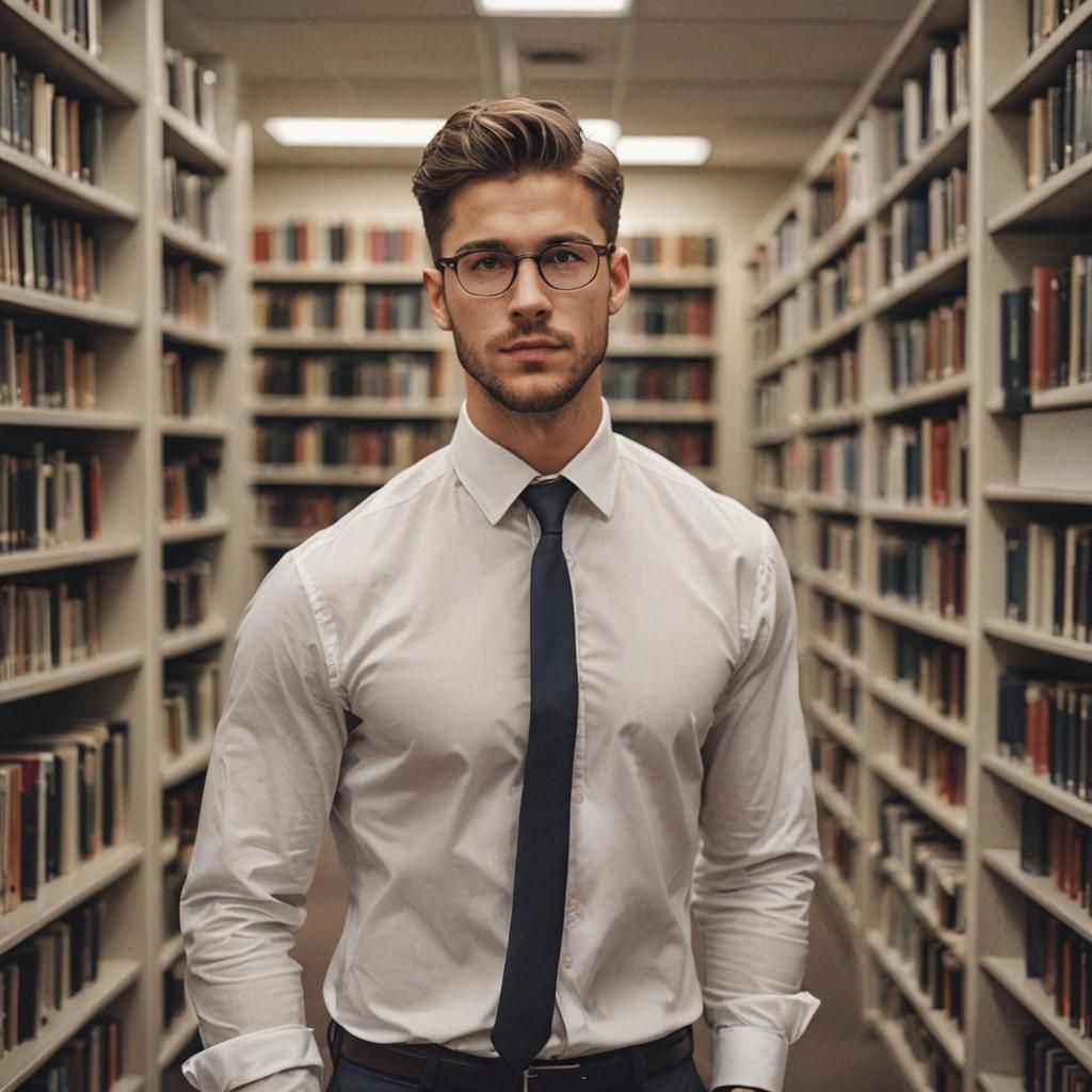 Man in Library Looking for Book