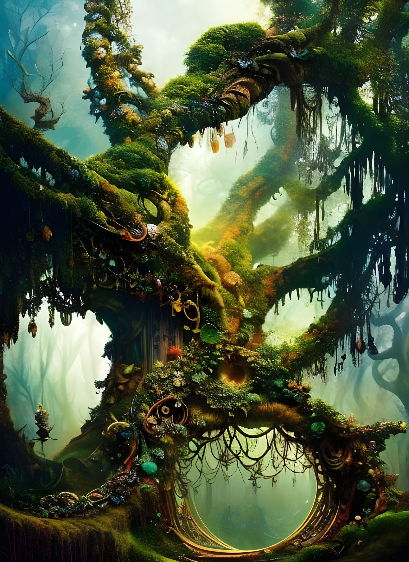 Giant Gnarled Beanstalk Tree in Fairytale Landscape