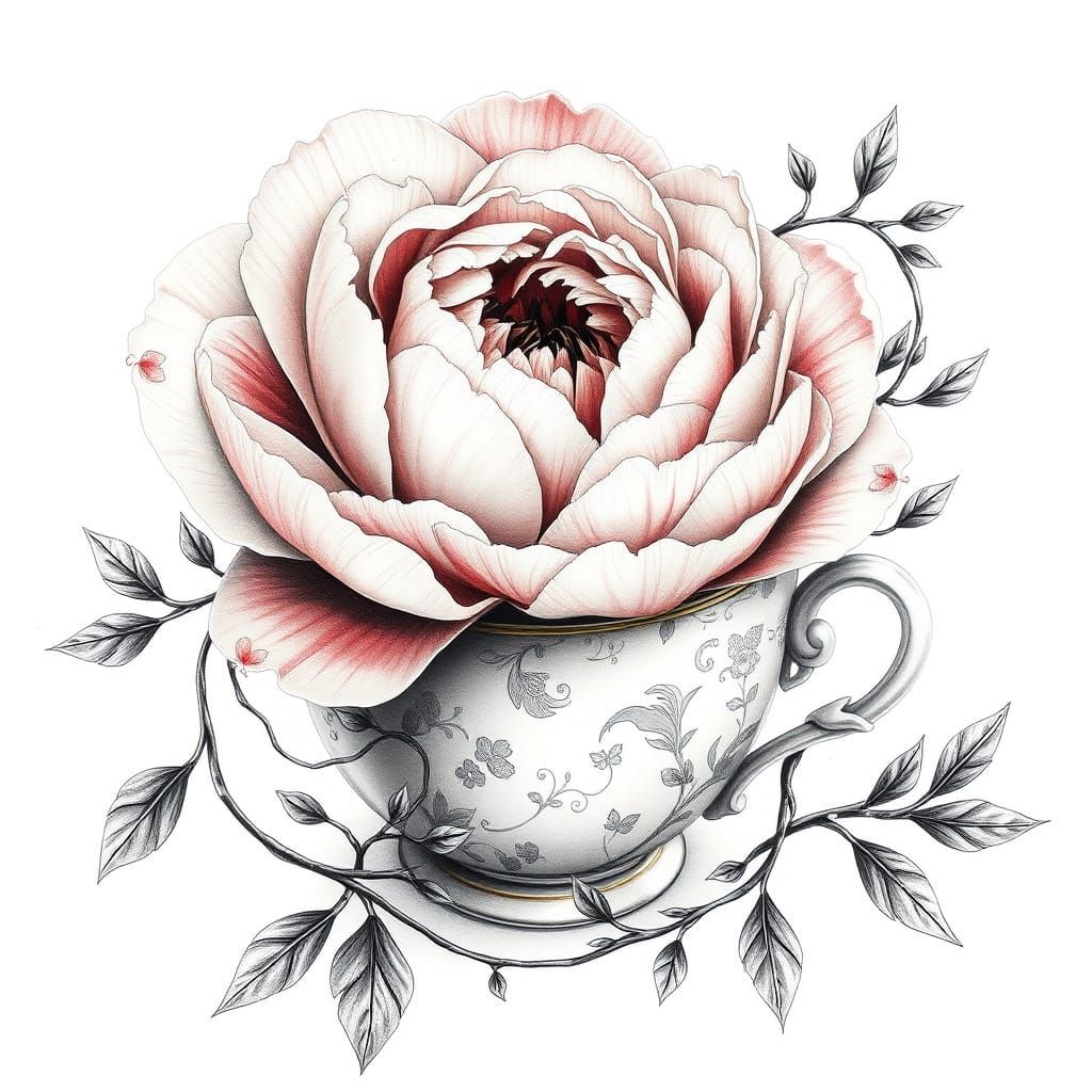 Peony and Teacup Charcoal Drawing in Dark Surrealism