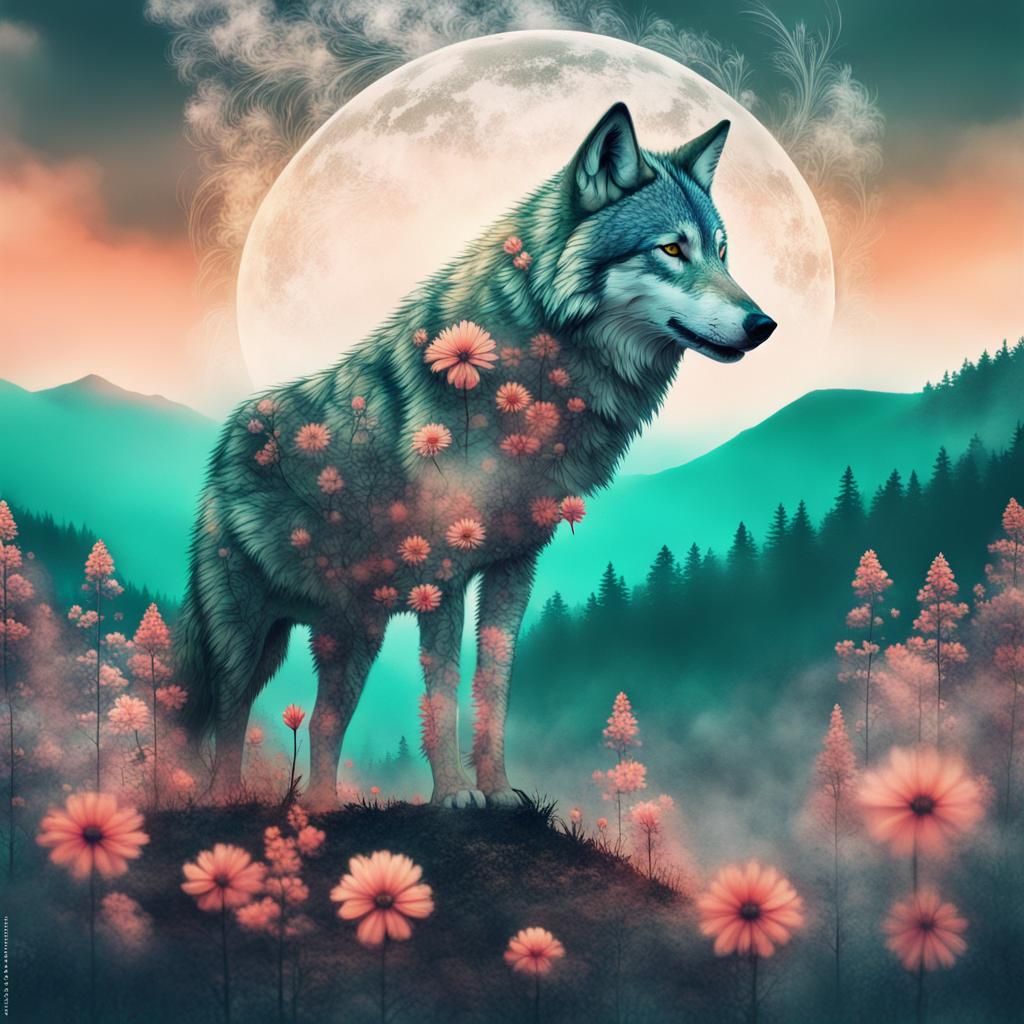 Fantasy Flower Wolf Double Exposure Artwork