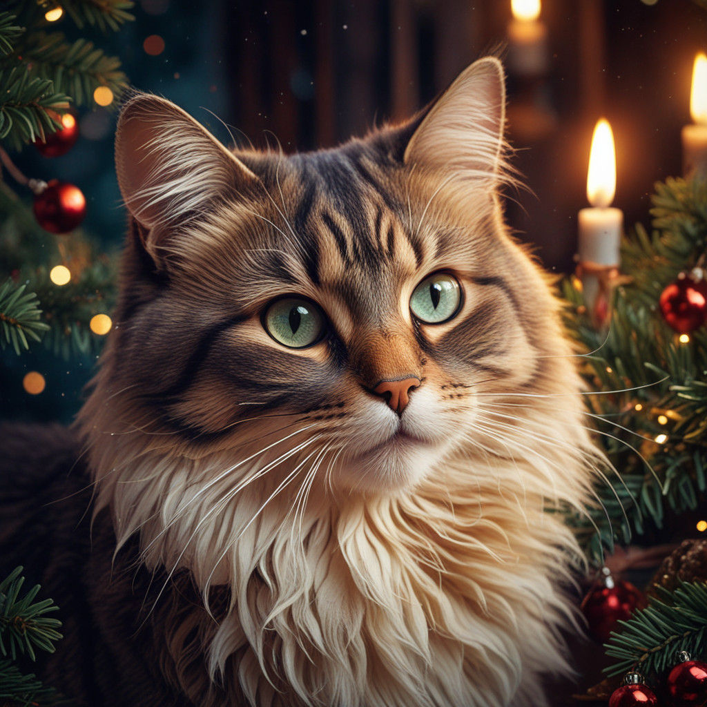 Whimsical Christmas Feline Portrait in a Fairytale Setting
