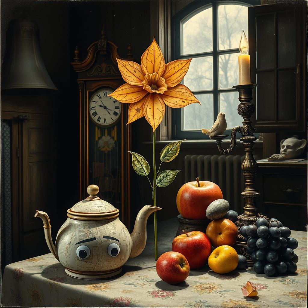 Surreal Still Life with Antique Clock and Map Flower