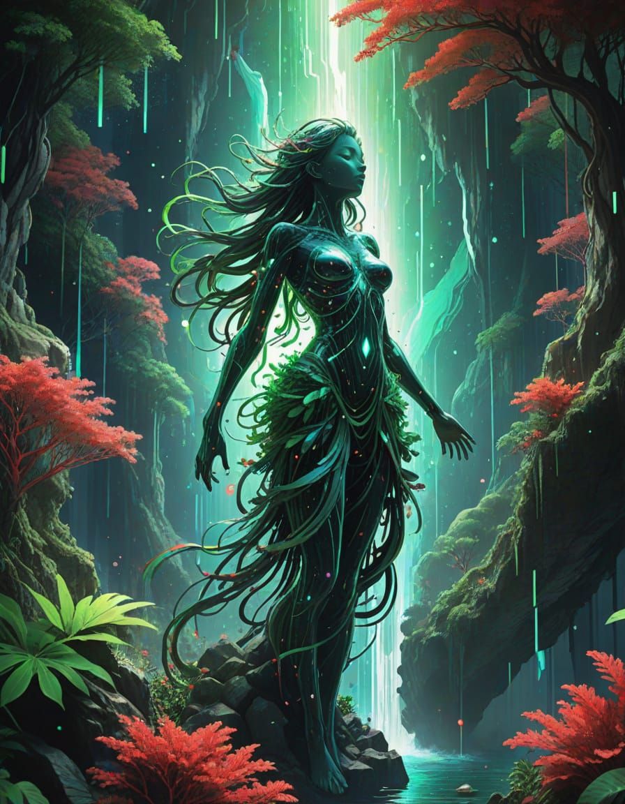 Surreal Goddess Emerges from Tropical Paradise in Glitchcore...