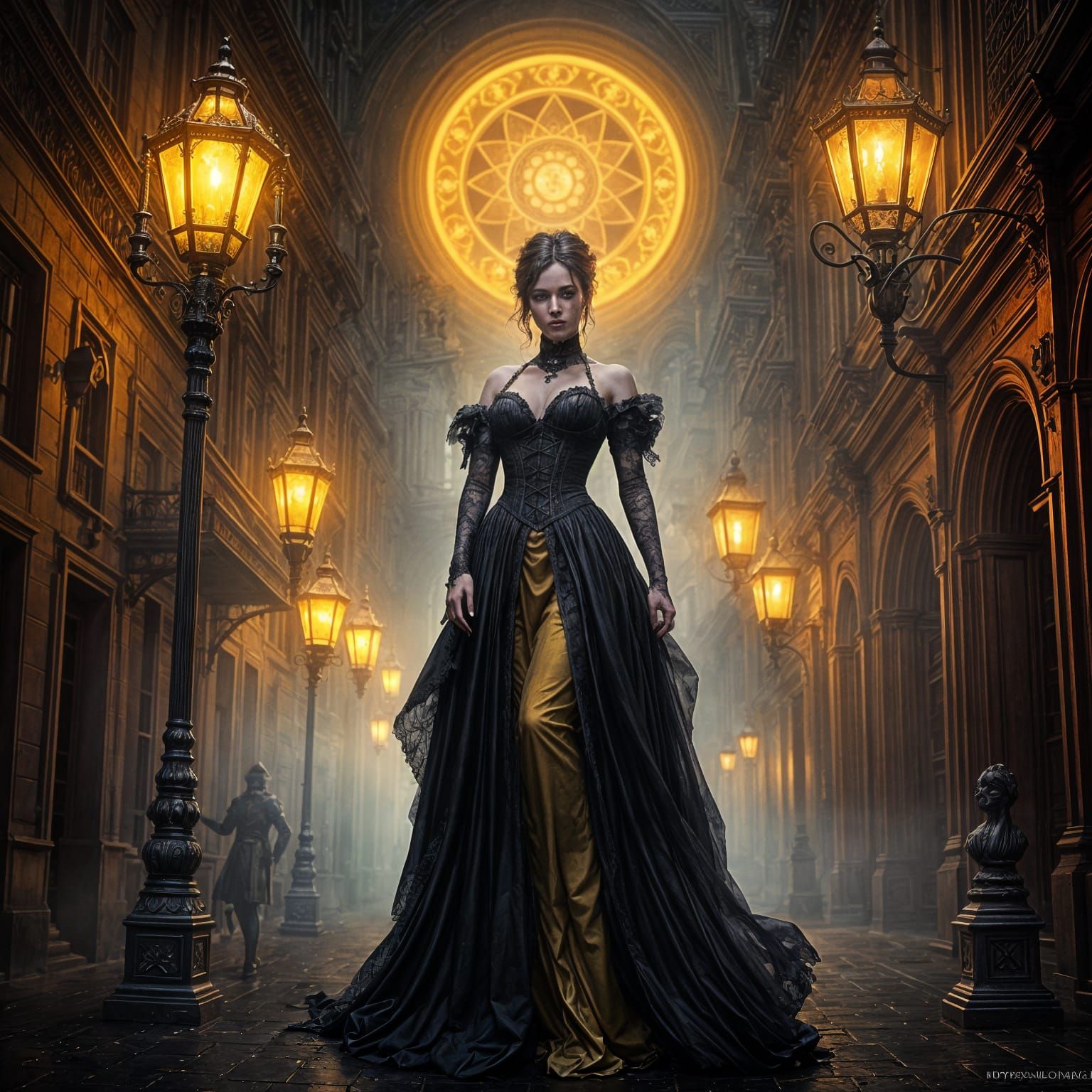 Ethereal Gothic Beauty Set Against a Victorian Street Scene