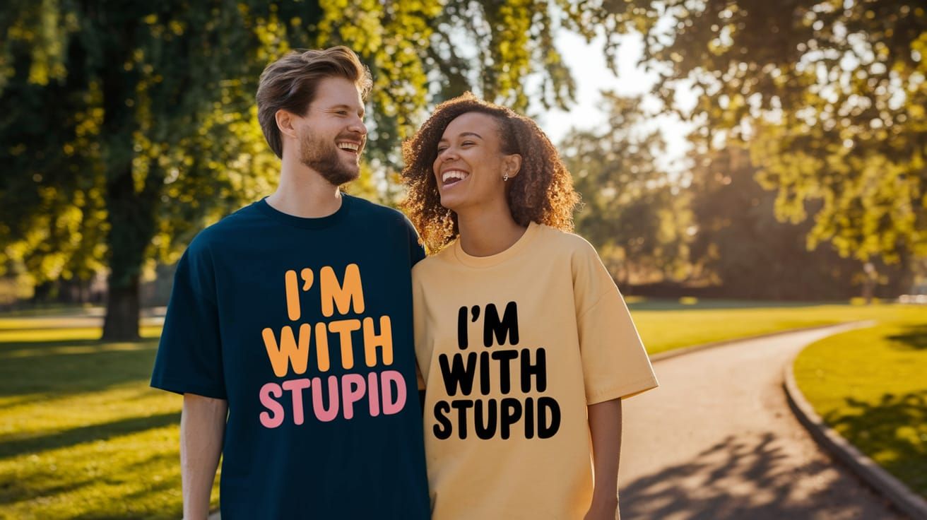 Joyful Couple in Park Wearing Funny T-Shirts