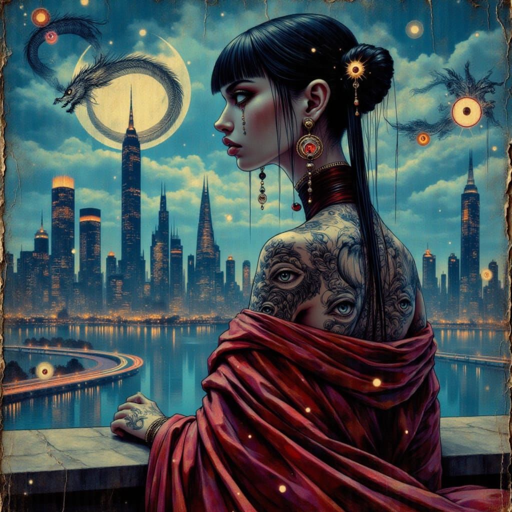 Empress Overlooking Neon City in Painterly Oil Style
