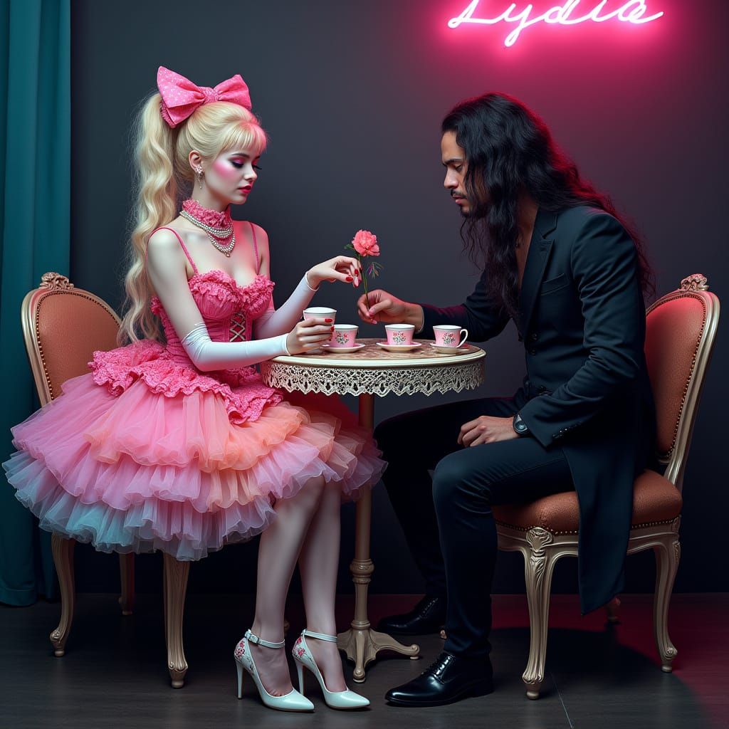 Surreal Mafia Boss Sips Tea from Delicate Lady in Neon Accen...
