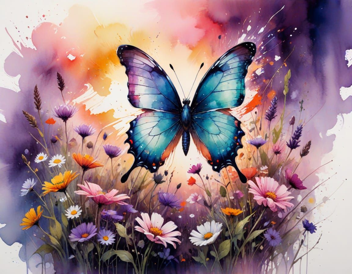 Butterfly Meadow: Digital Watercolor Illustration