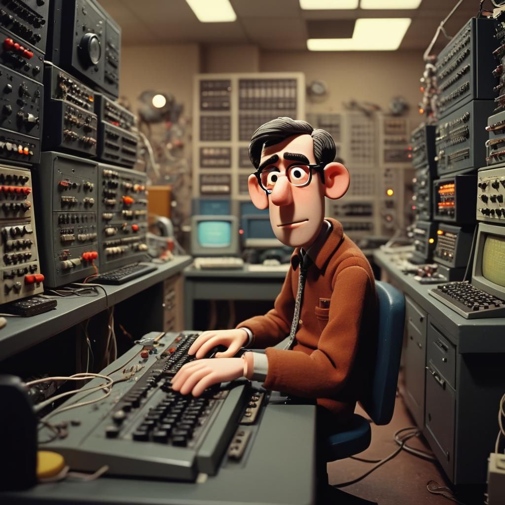 Claymation Computer Scientist on 1960s Mainframe