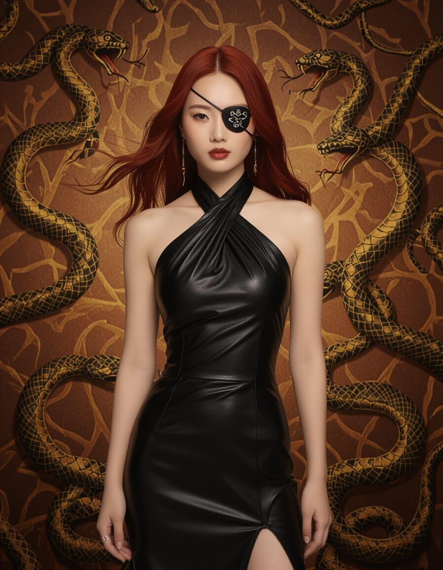 Pirate-Eyepatch Asian Woman in Black Leather Dress with Snak...