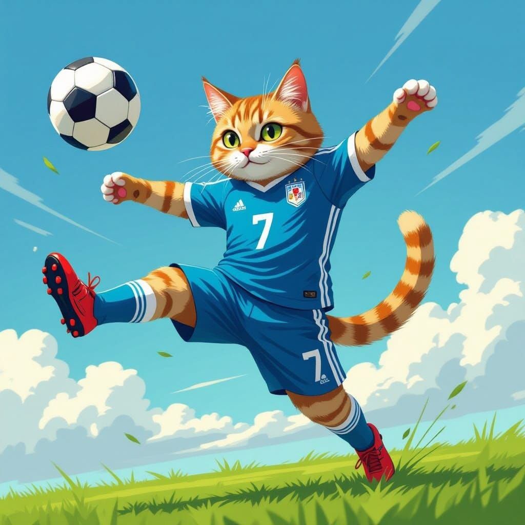 Feline Fútbol Star: Blue Jersey and a Kick for the Ages