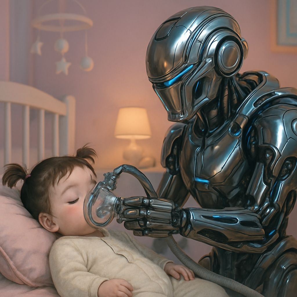 Robot Puts Mask on Sleeping Baby: Futuristic Art