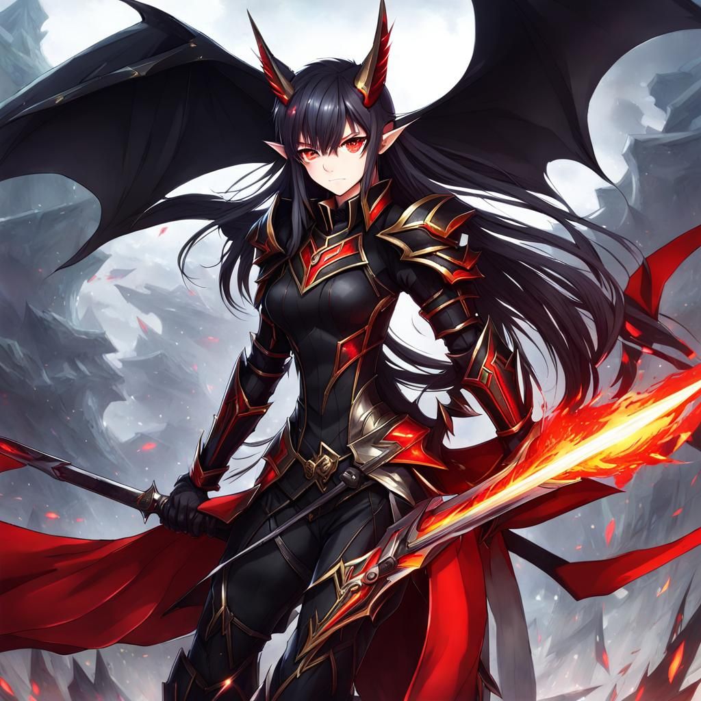 Anime Elf with Fiery Eyes and Black Armor