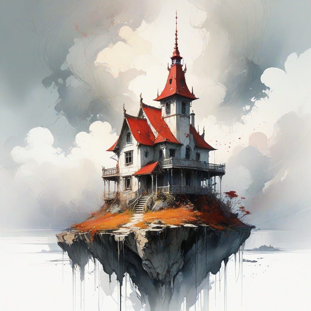 Floating House Above Clouds: Dreamlike Fantasy Art