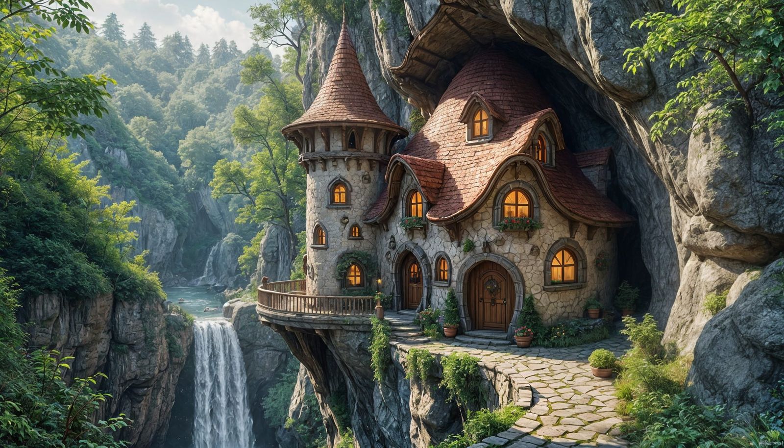 Whimsical Elven Cottage on Cliffside, Fantasy Art