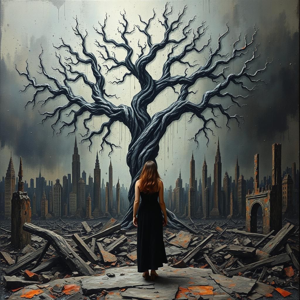 Dystopian Cityscape with Metallic Tree: Impasto Surrealism