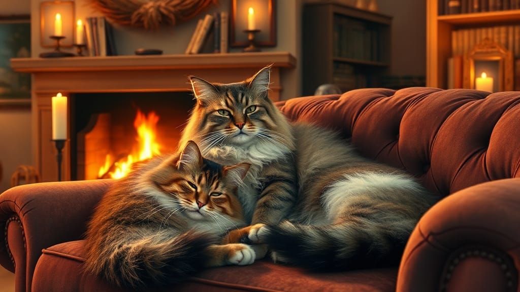 Cozy Cats by Fireplace in English Country Style