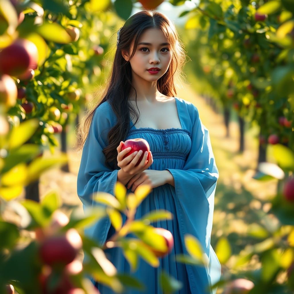 Serene Japanese Girl in Orchard with Apple