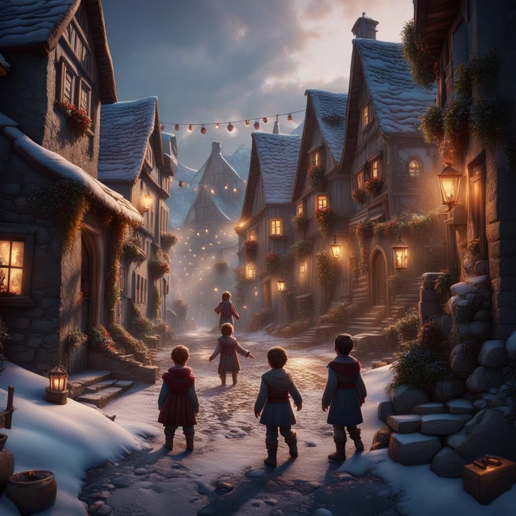 Children's Choir in Snowy European Village