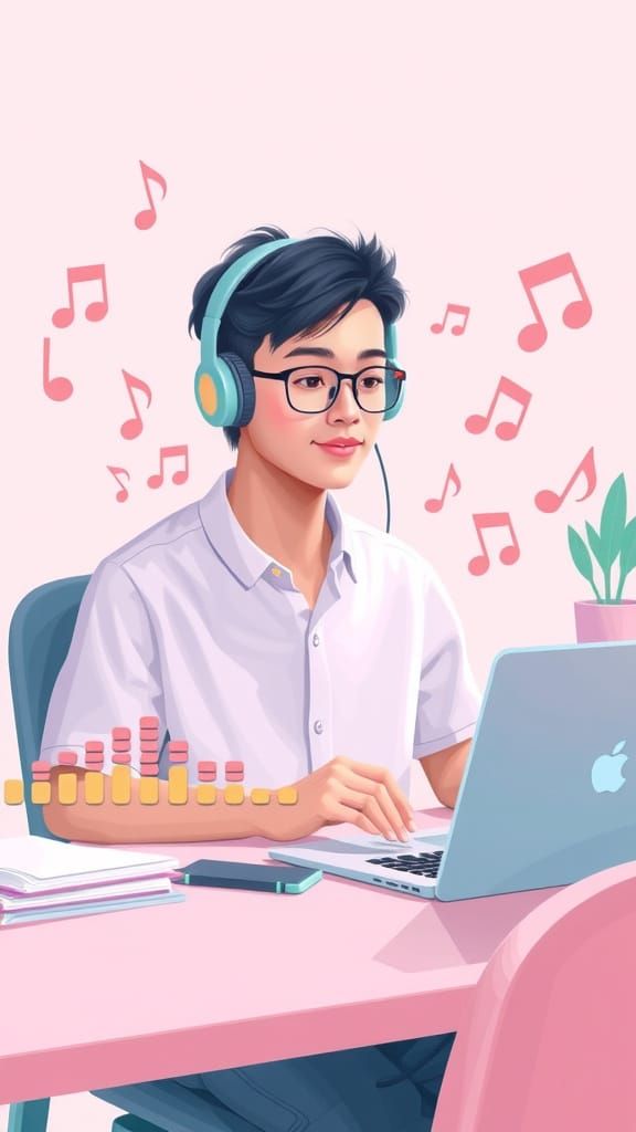 Student Studies in Whimsical Modern Workspace with Soft Past...