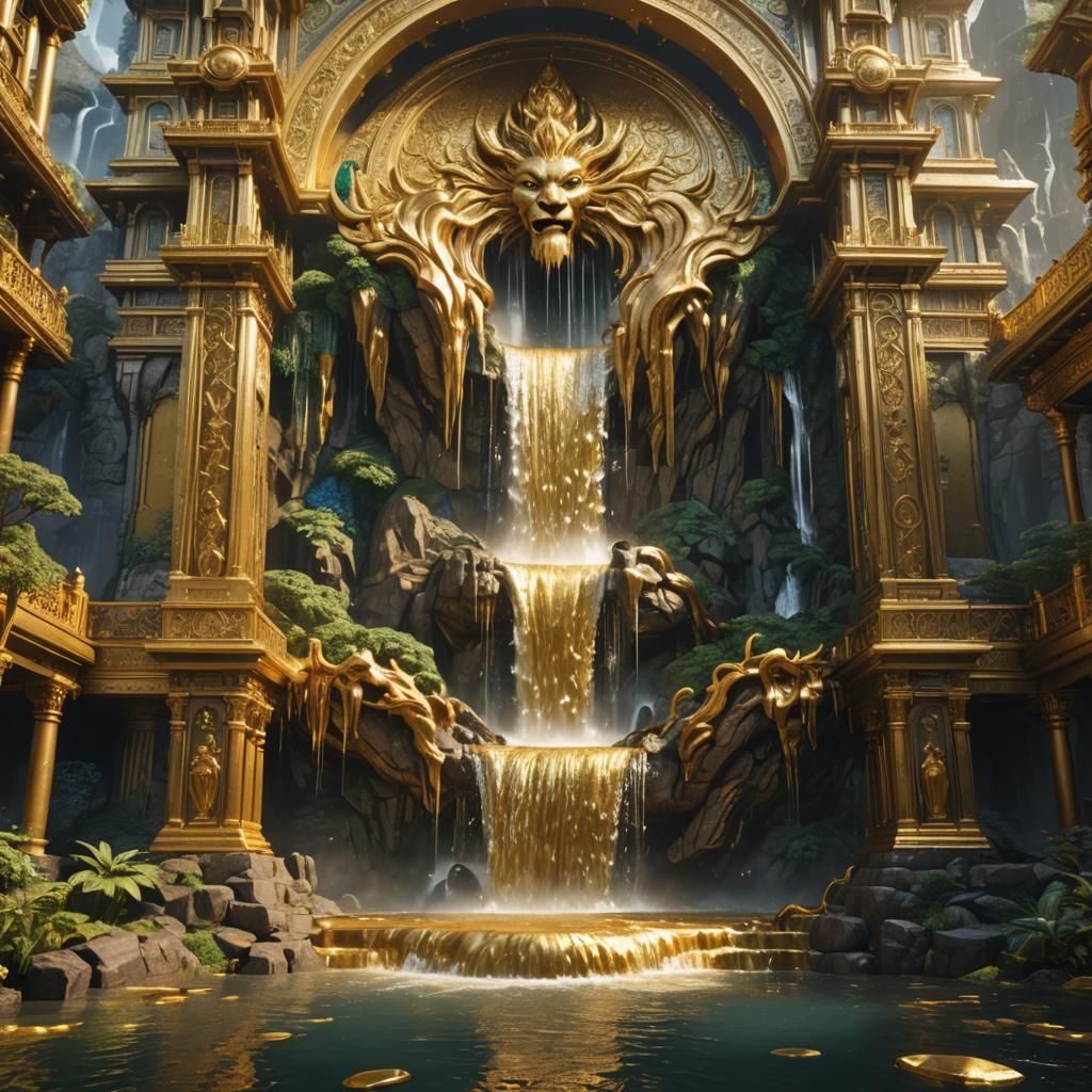 Golden Waterfall Inside a Gilded Palace