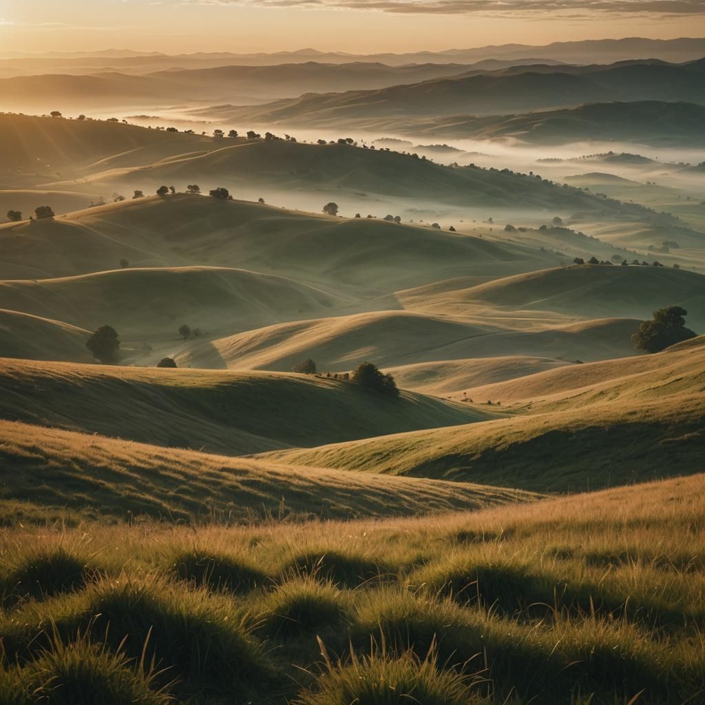 Hilly Grass Landscape at Sunrise in Cinematic Style