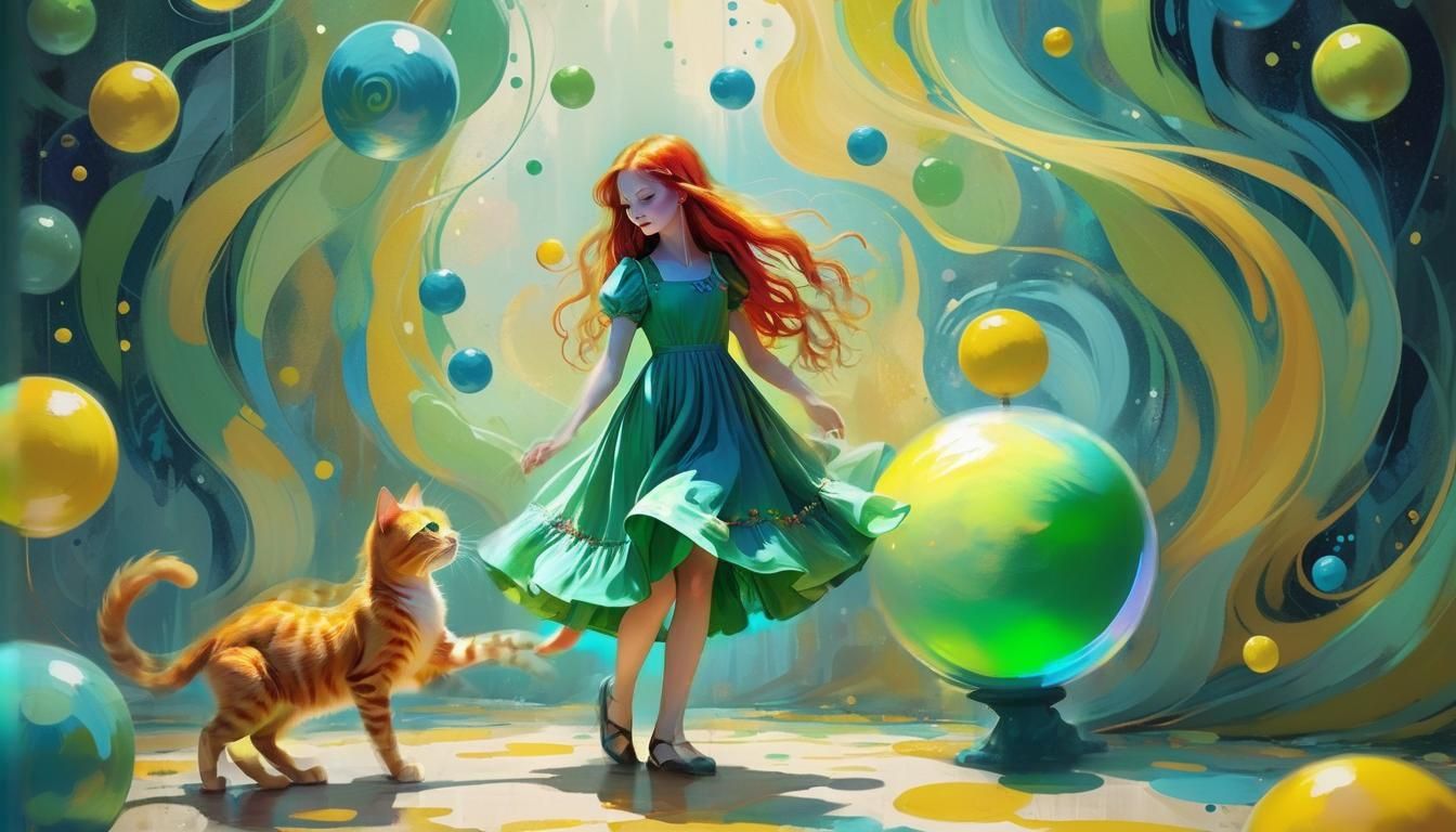Girl and Cat in Ethereal Landscape