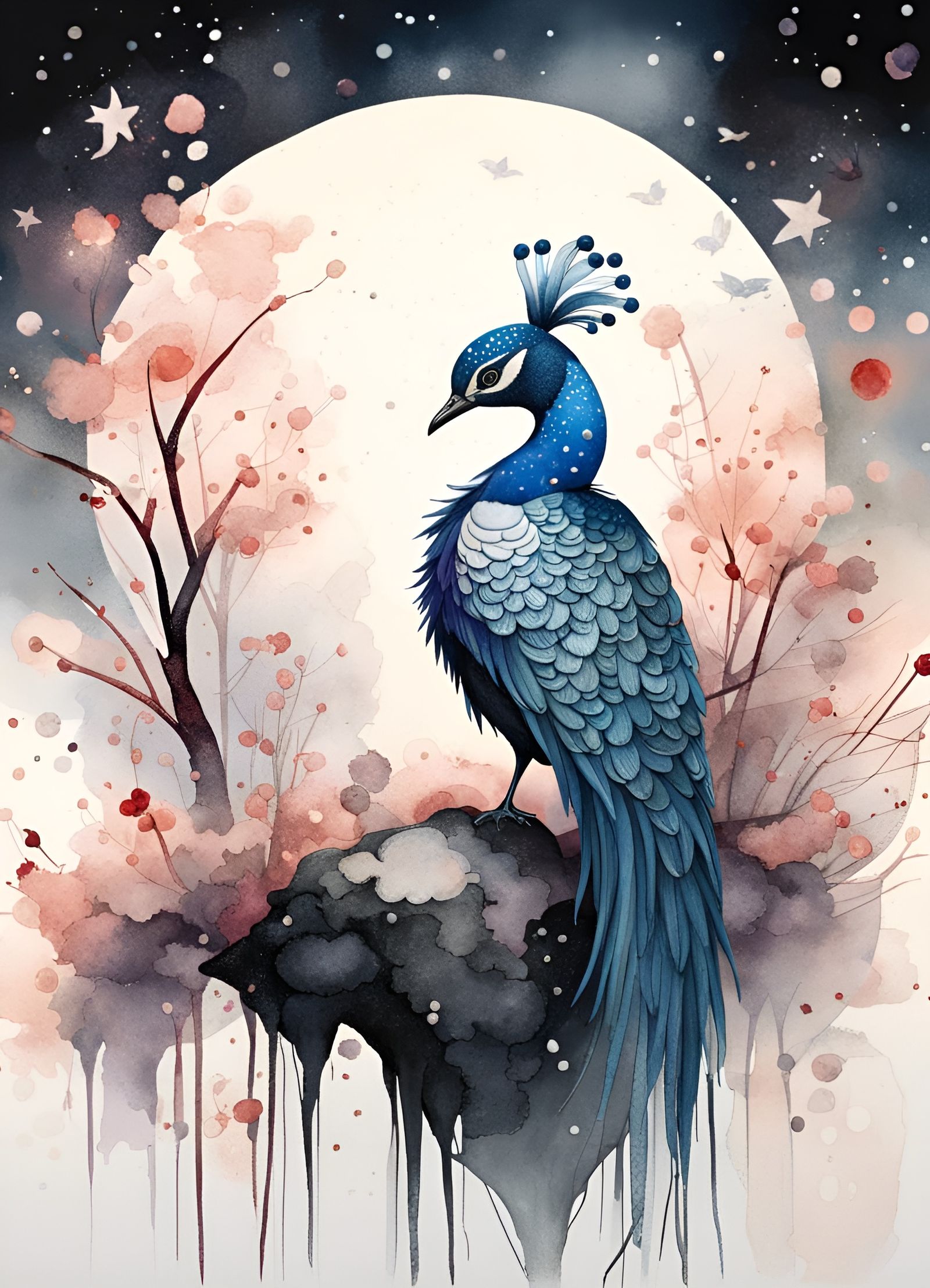 Watercolor Peacock in Snowy Blossom Tree, Japanese Forest