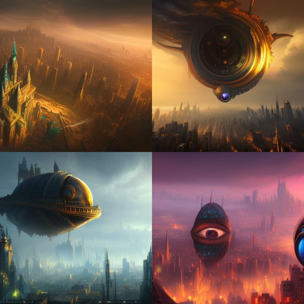 Giant Eye Floats Above City: Detailed Matte Painting