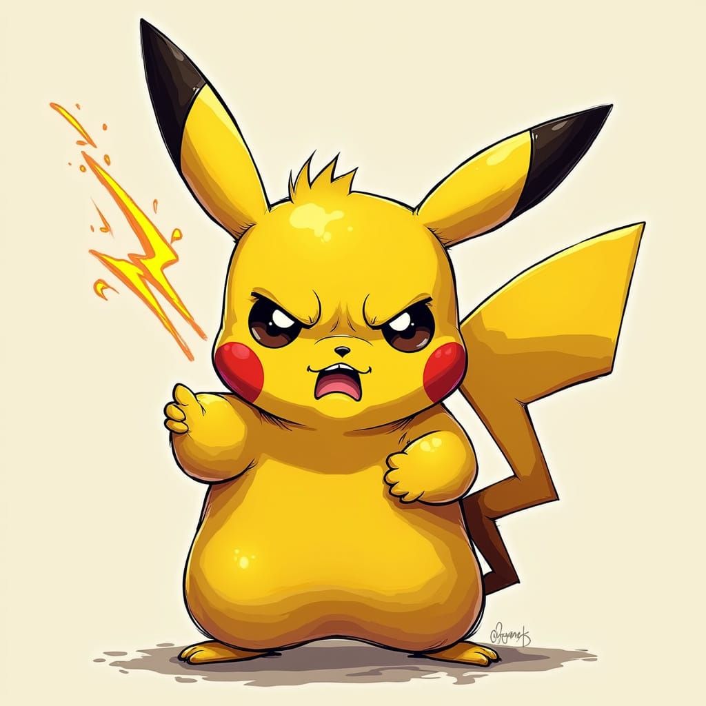 Pikachu with a Fierce, Expressive Scowl in a Dynamic, Hand-D...