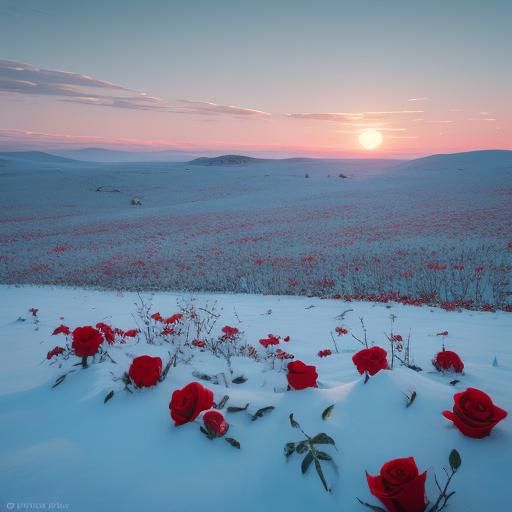 Red Roses Bloom in Winter Snowscape