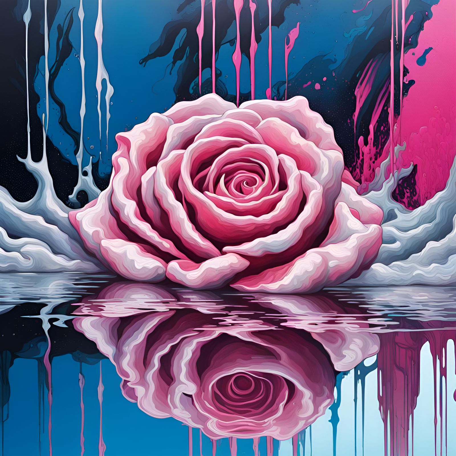 Ethereal Rose in Reflection Pool: Graffiti Art