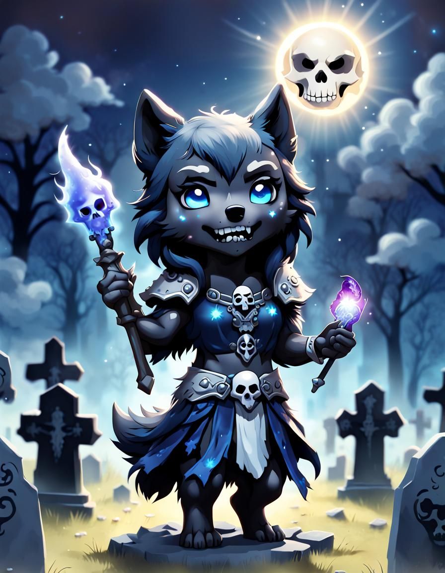 Chibi Wolf Warrior Casting Spell in Graveyard