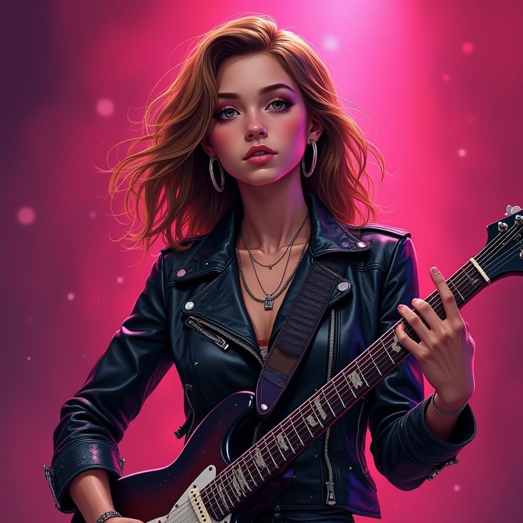Guitar Goddess in Hyper-Realistic Comic Book Style