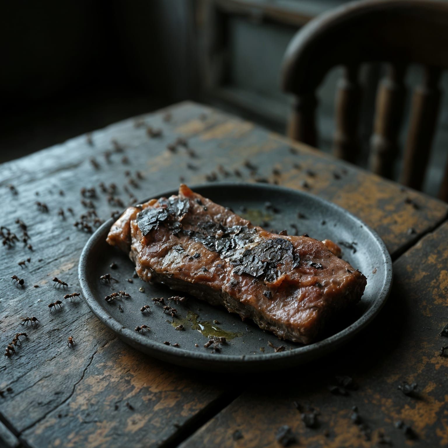 Tiny Ants Swarm Decaying Meat on Dusty Table