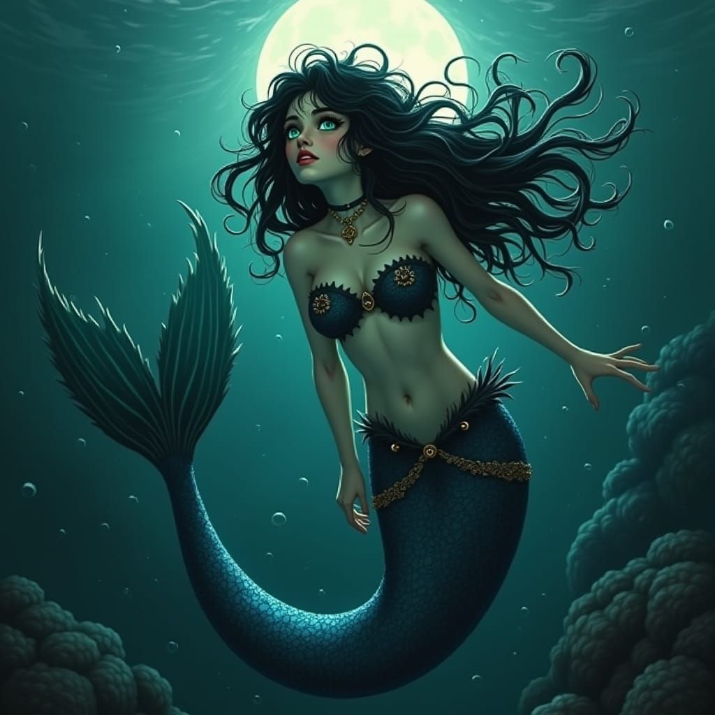 Gothic Raven-Haired Mermaid in Dreamlike Fantasy Style