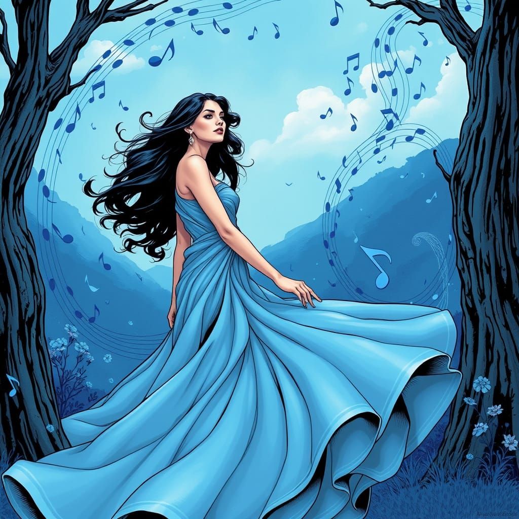 Blue Gown in Serene Landscape, Comic Book Art