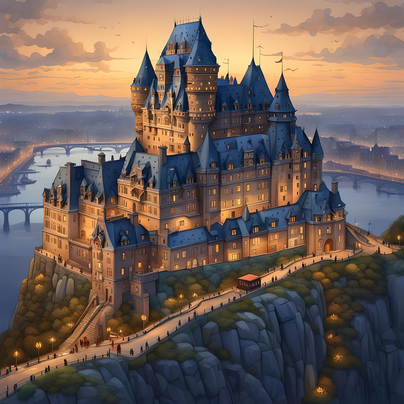 Chateau Frontenac in Gouache Drawing Style