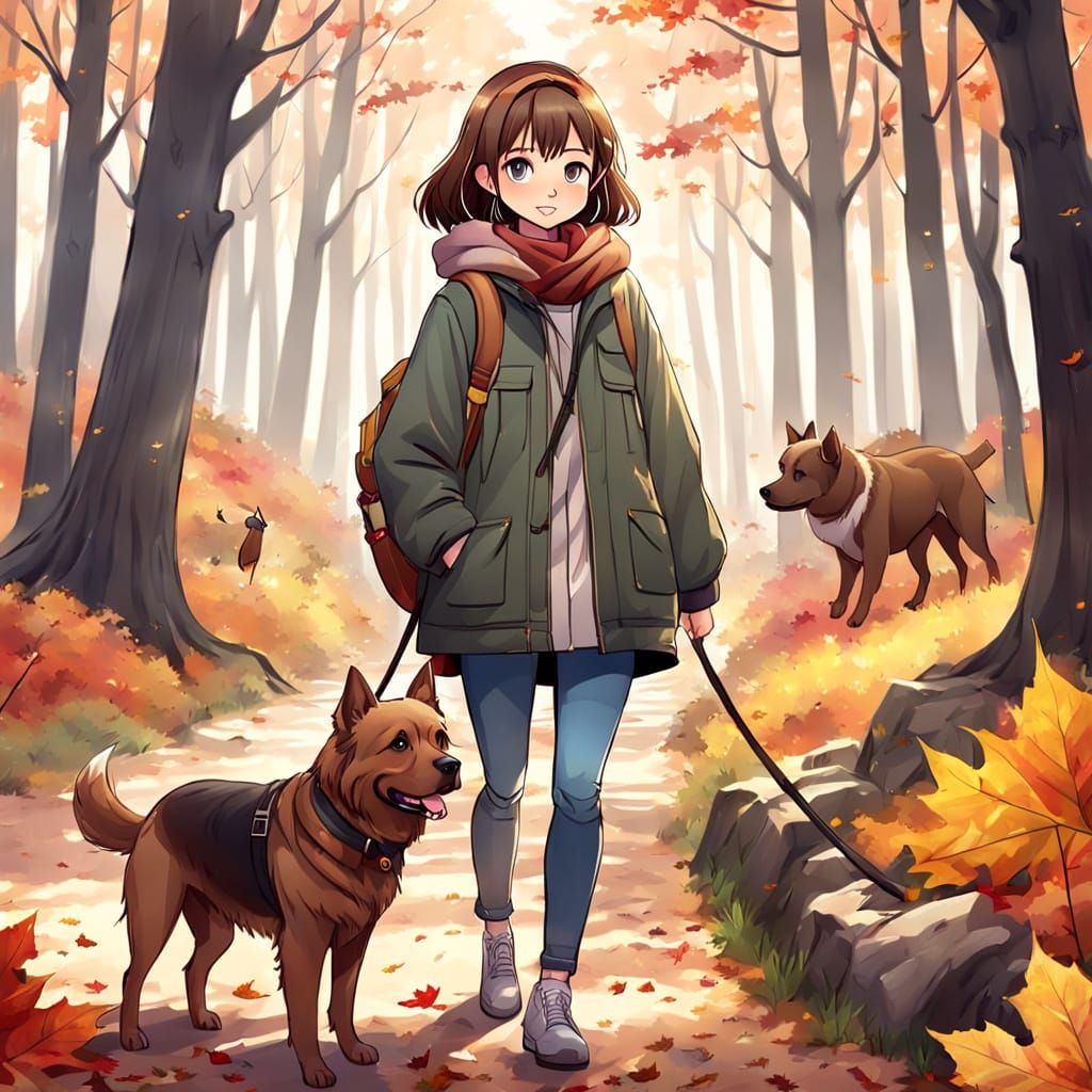 Brown-Haired Girl in Autumn Forest with Loyal Brown Dog