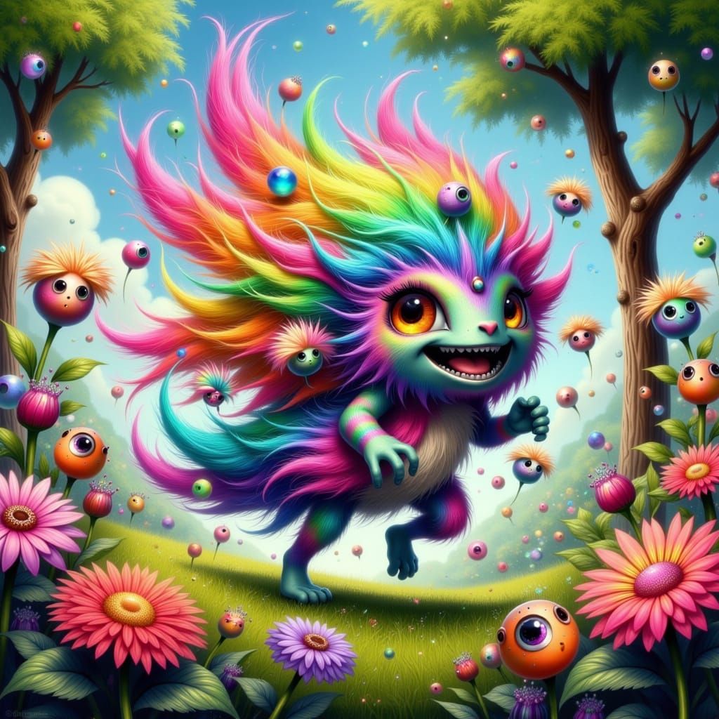 Vibrant Fae Creature Zooms Through Whimsical Yard with Playf...