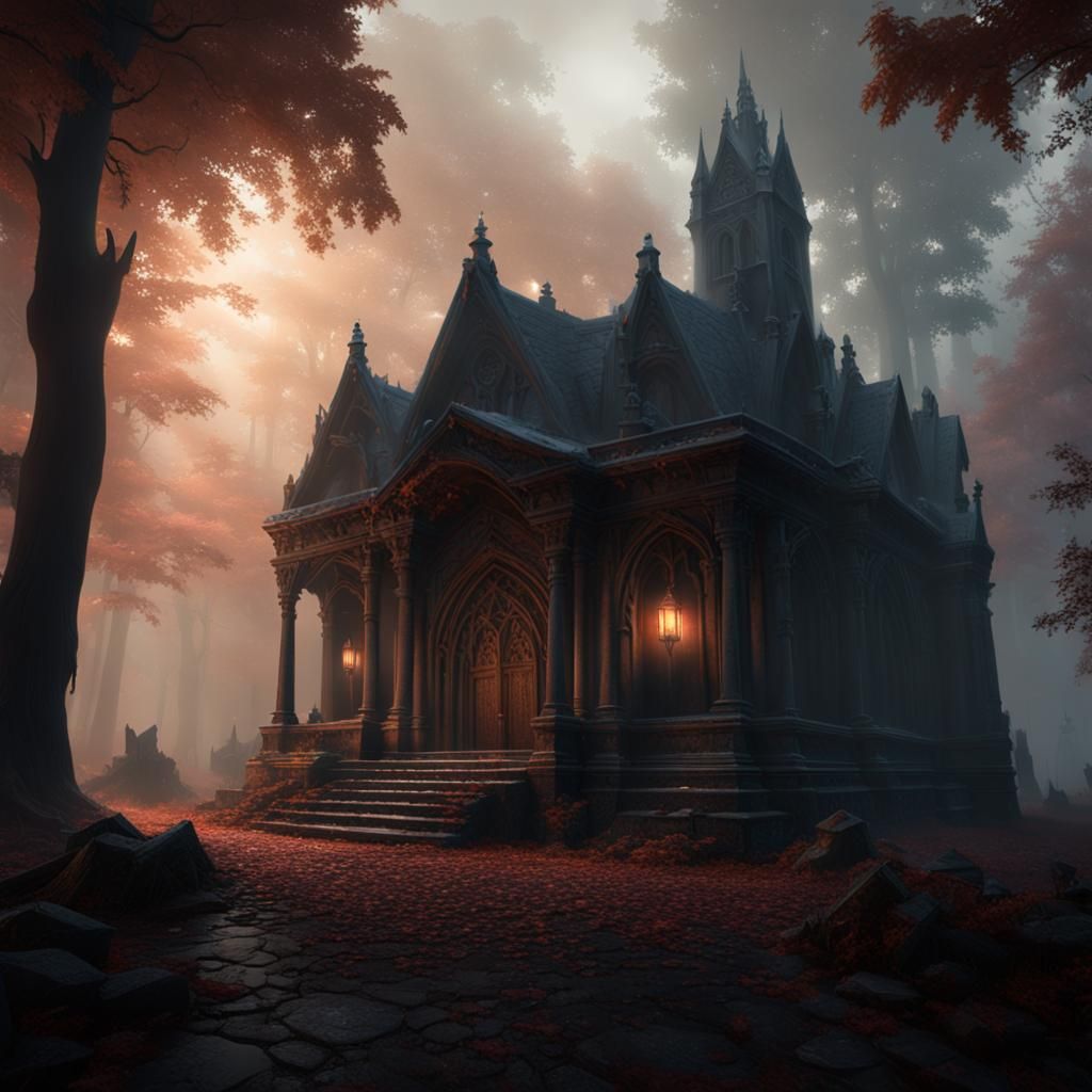 Vampire Crypt in Dark Forest: Detailed Fantasy Art