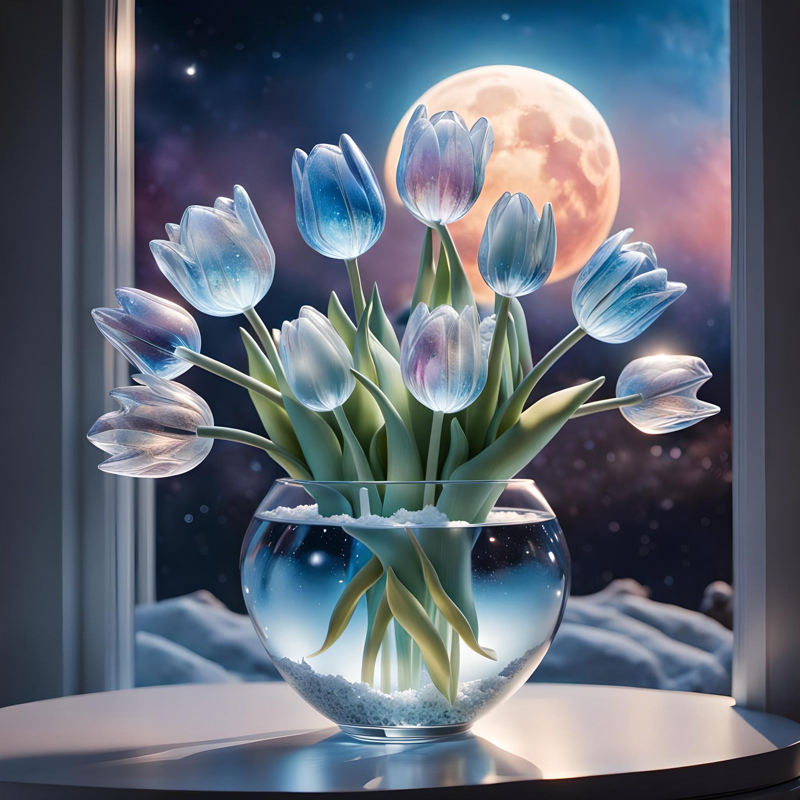 Crystal Glass Tulip Bouquet in Space with Sunrise