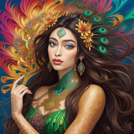 Peacock Woman Portrait in Abstract Fauvism Style