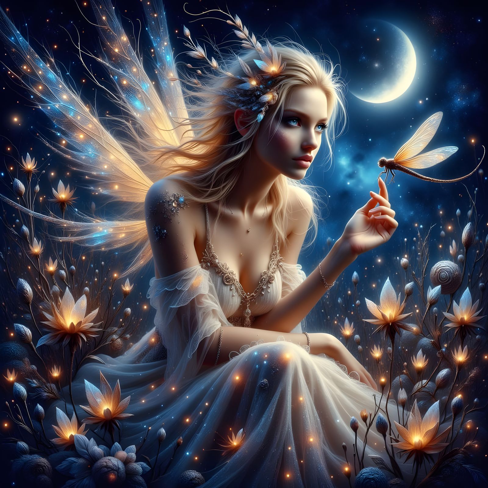 Whimsical Fairy Goddess in a Field of Black Blooms
