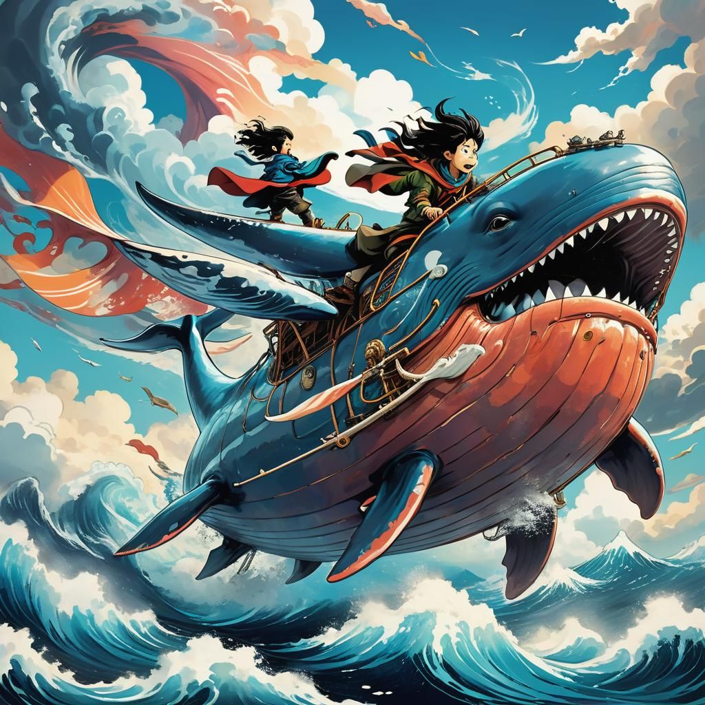 Adventurer Rides Giant Flying Whale in Manga Style