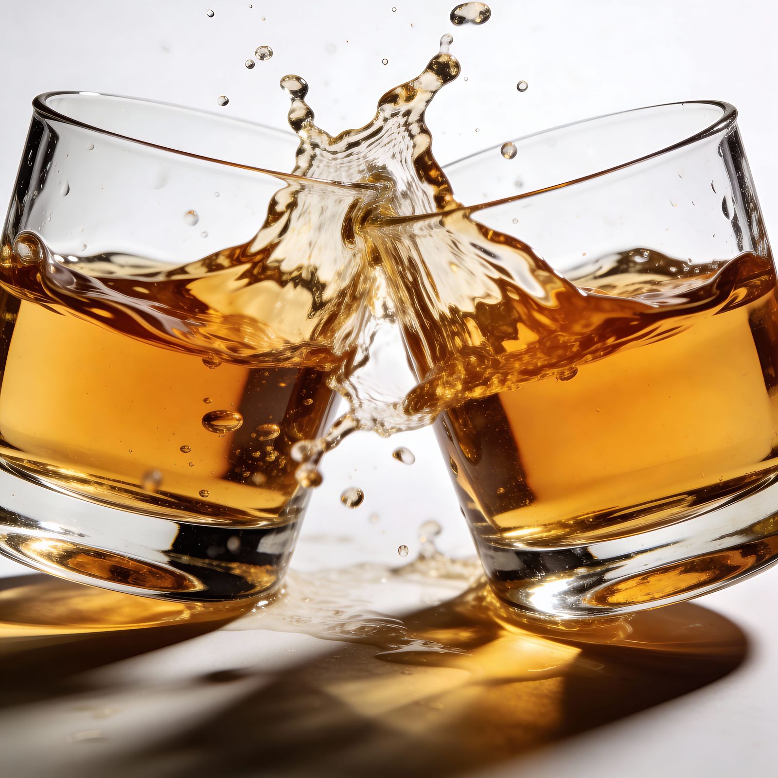 Two Whiskey Glasses Collide in High Contrast Lighting