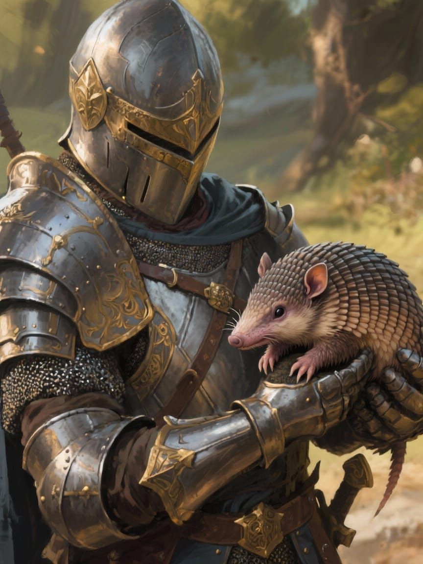 Armored Knight Holds Pet Armadillo in Detailed Digital Paint...