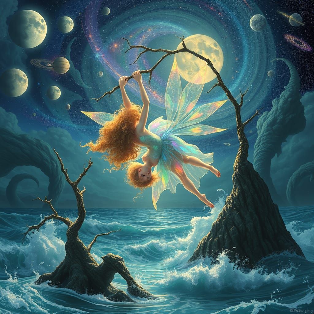 Fairy Blown by Hurricane Over the Sea